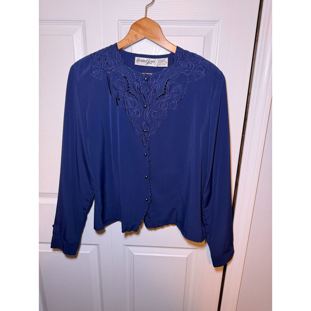 Vintage Christine Gerard Navy Embroidered Blouse Women's Size 14